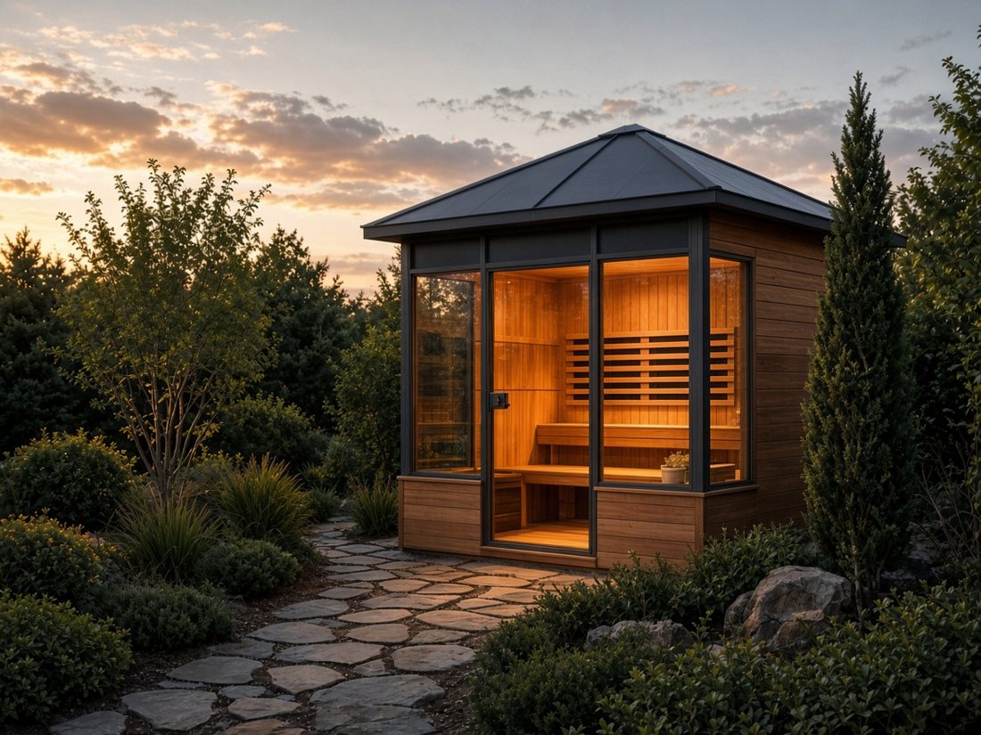 Cedar outdoor infrared sauna with a charcoal metal roof glowing warm in a landscaped backyard at dusk