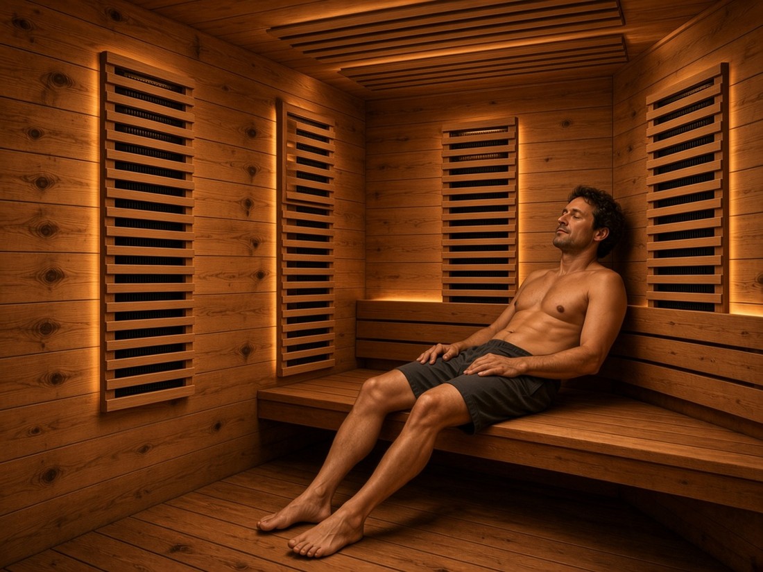 Man relaxing inside a cedar infrared sauna with flat black carbon panels on the walls