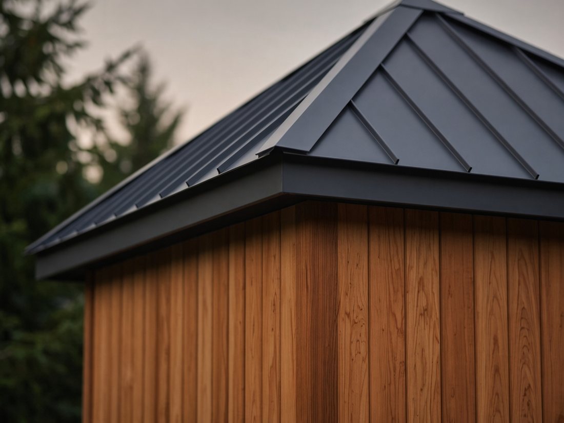 Close-up of a charcoal metal pyramid roof over warm cedar sauna siding