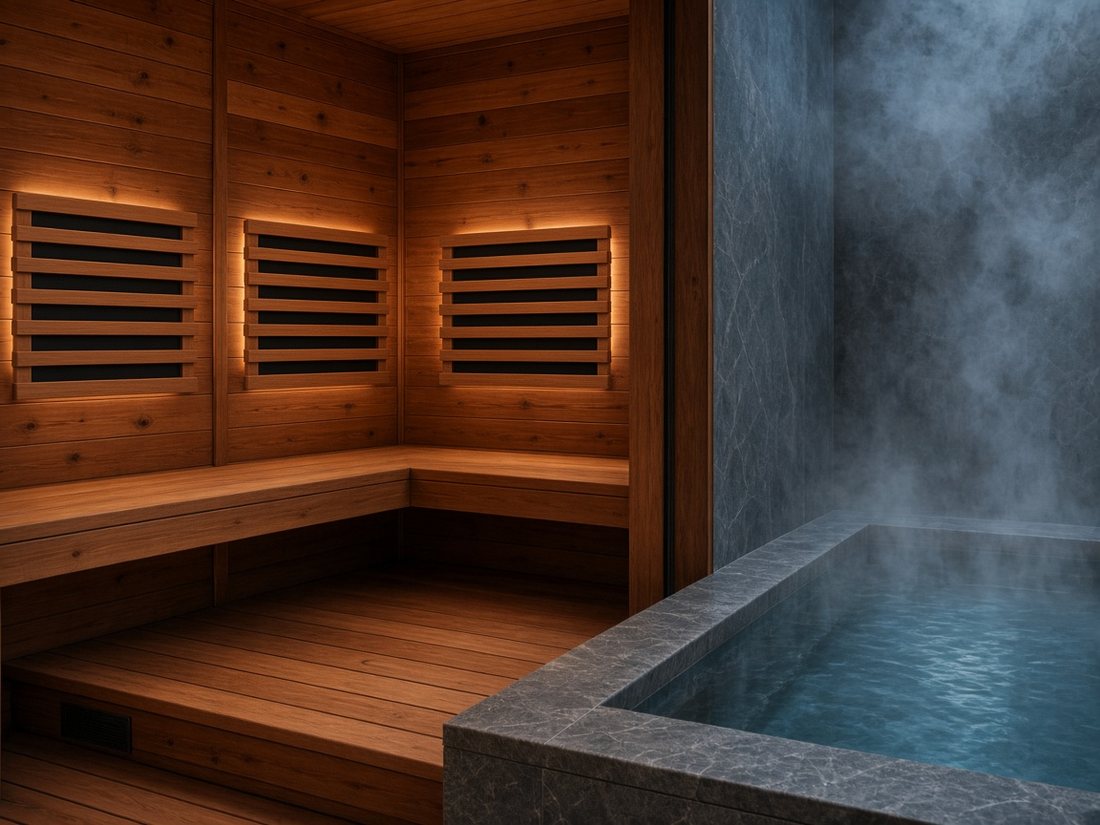 Warm cedar sauna next to a cool blue cold plunge pool