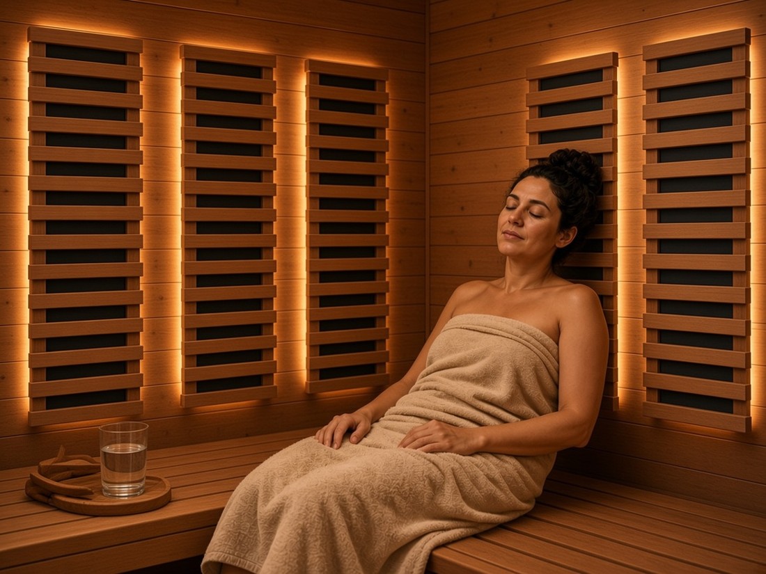 Woman relaxing in a cedar infrared sauna with flat black carbon panels and a glass of water