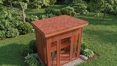 Top angle view of Horizon roof with red shingles finish