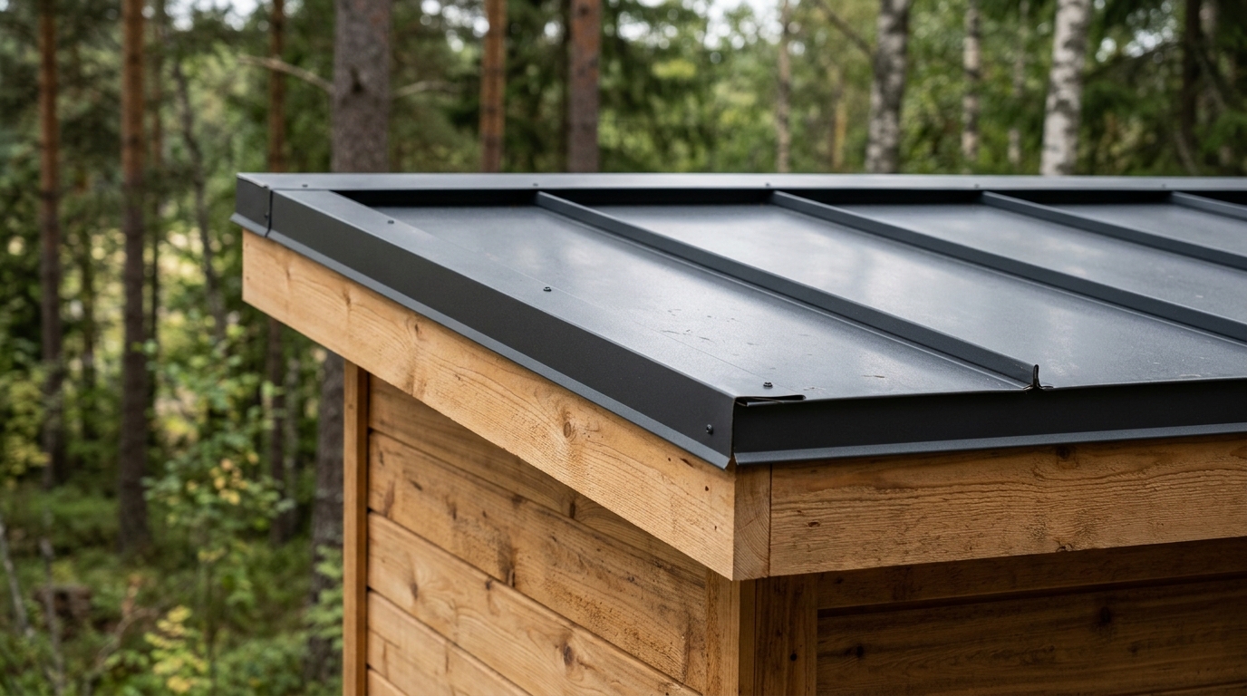 Close-up of charcoal metal roof finish for outdoor sauna