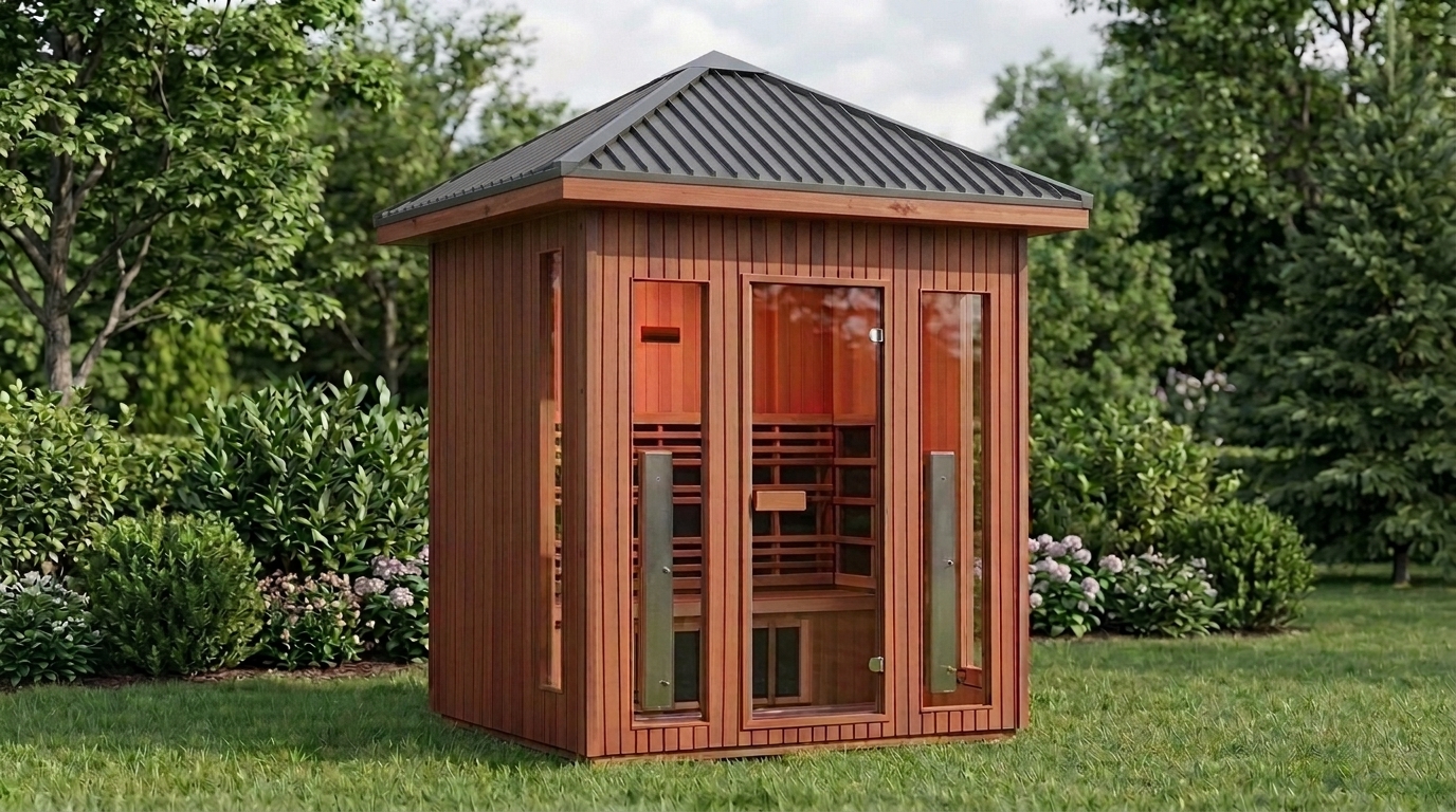 SoftHeat outdoor sauna with Summit charcoal metal roof in green backyard
